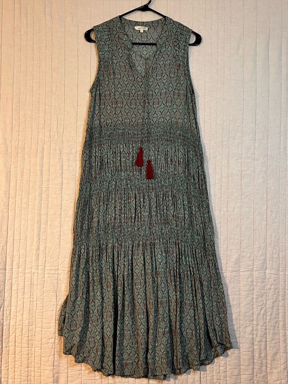 Mystree Green Patterned Sleeveless Maxi Dress with Red Tassels Womens Sz Small